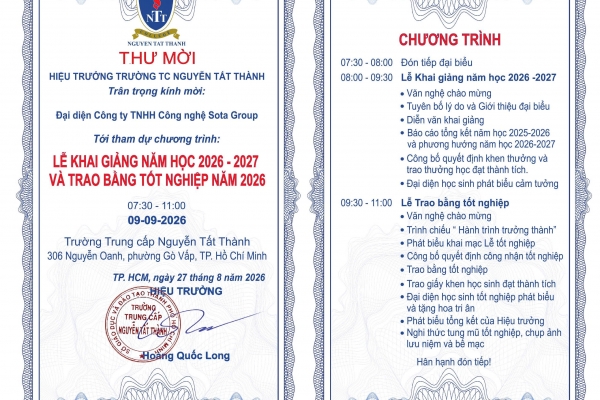 THƯ MỜI THAM DỰ LỄ KHAI GIẢNG NĂM HỌC 2026 – 2027  