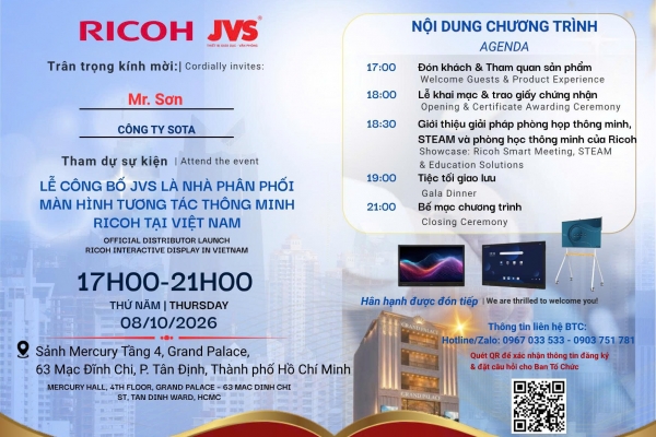 THƯ MỜI THAM DỰ LỄ CÔNG BỐ JVS LÀ NHÀ PHÂN PHỐI MÀN HÌNH TƯƠNG TÁC THÔNG MINH RICOH TẠI VIỆT NAM